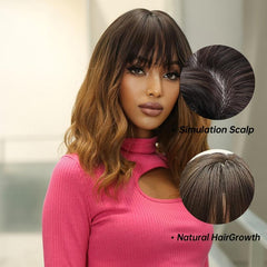 Short Bob Wavy Wig With Bangs Bob Ombre Brown Synthetic Wigs