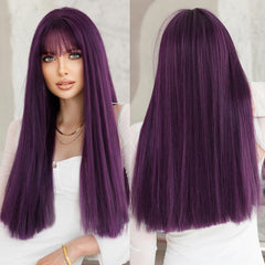Long Straight Wine Red Wig with Fluffy Bangs