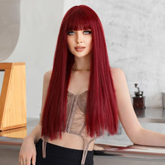 Long Straight Wine Red Wig with Fluffy Bangs