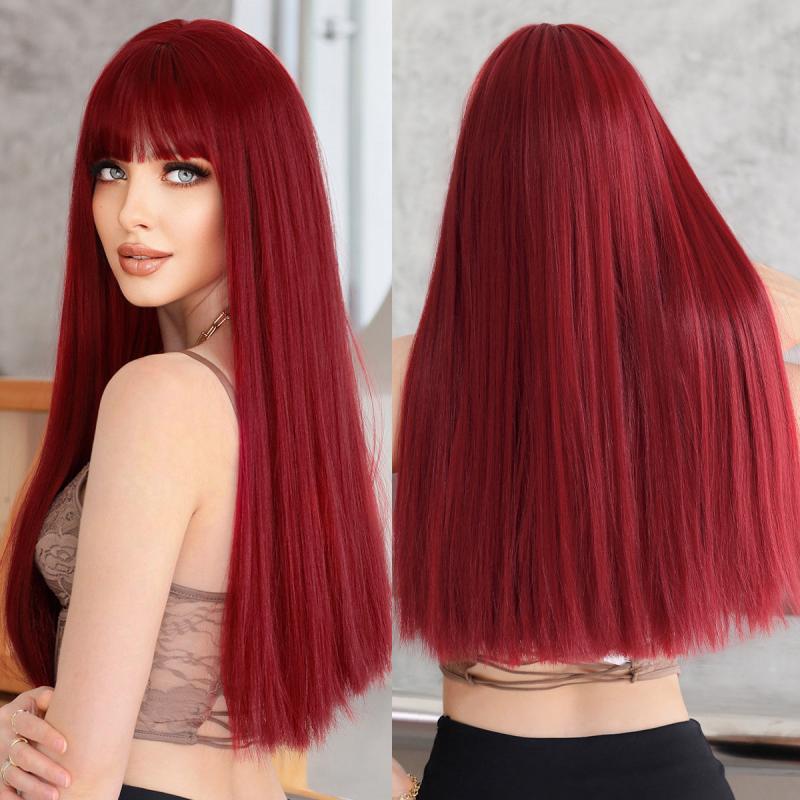 Long Straight Wine Red Wig with Fluffy Bangs