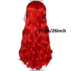 Red Wavy Bun Cosplay Wig with Bangs 66 cm Long Heat Resistant Fiber Hair