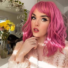 Pink Wavy Bob Wig with Bangs for Women - Cosplay Halloween Costume