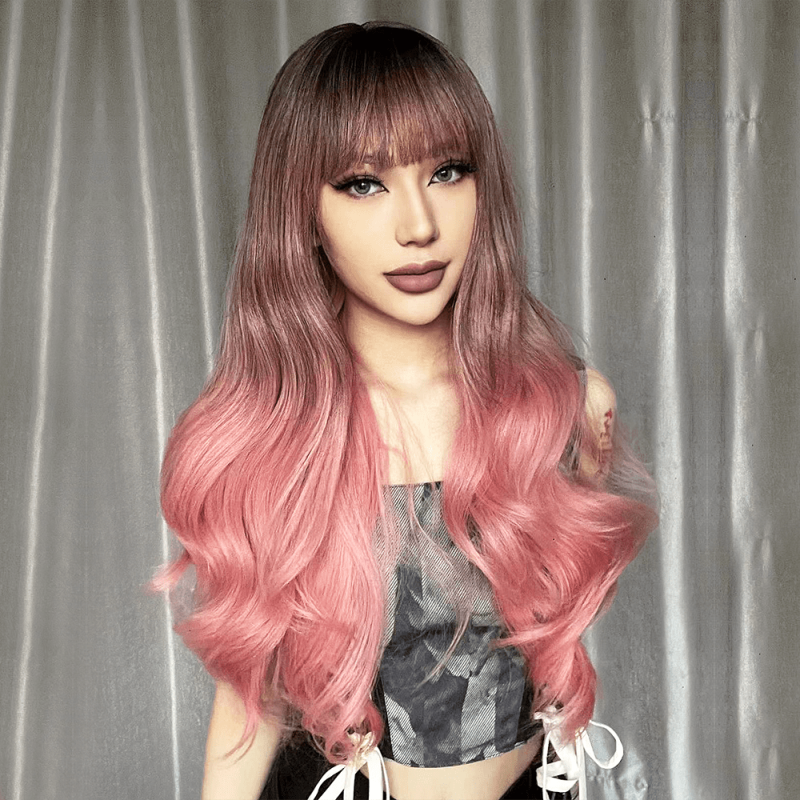 Long Wavy Curly Wig With Bangs Ombre To Pink Synthetic Wig 26 Inch