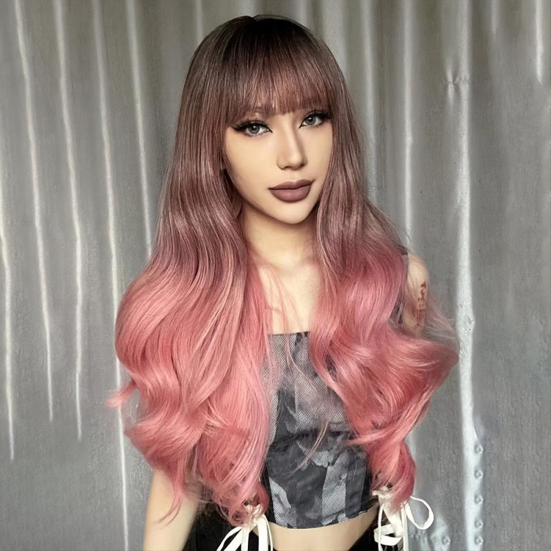 Long Wavy Curly Wig With Bangs Ombre To Pink Synthetic Wig 26 Inch