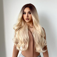 Blonde Wig Dark Roots Synthetic Straight Glueless Wig For Women