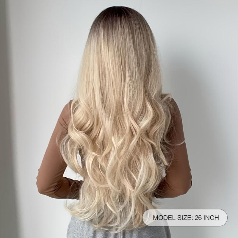 Blonde Wig Dark Roots Synthetic Straight Glueless Wig For Women
