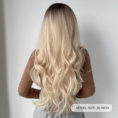 Blonde Wig Dark Roots Synthetic Straight Glueless Wig For Women