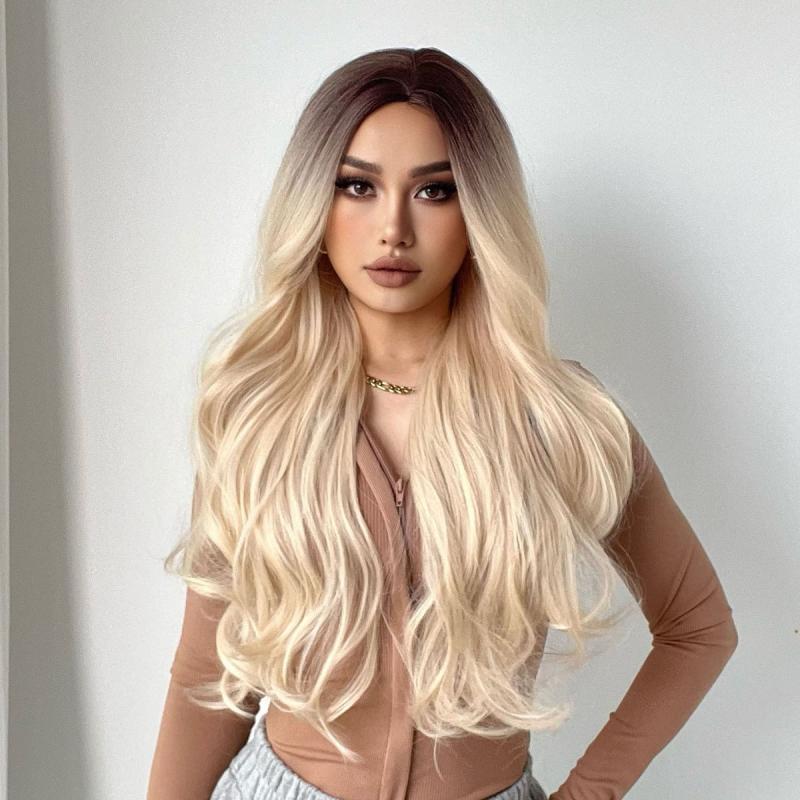 Blonde Wig Dark Roots Synthetic Straight Glueless Wig For Women