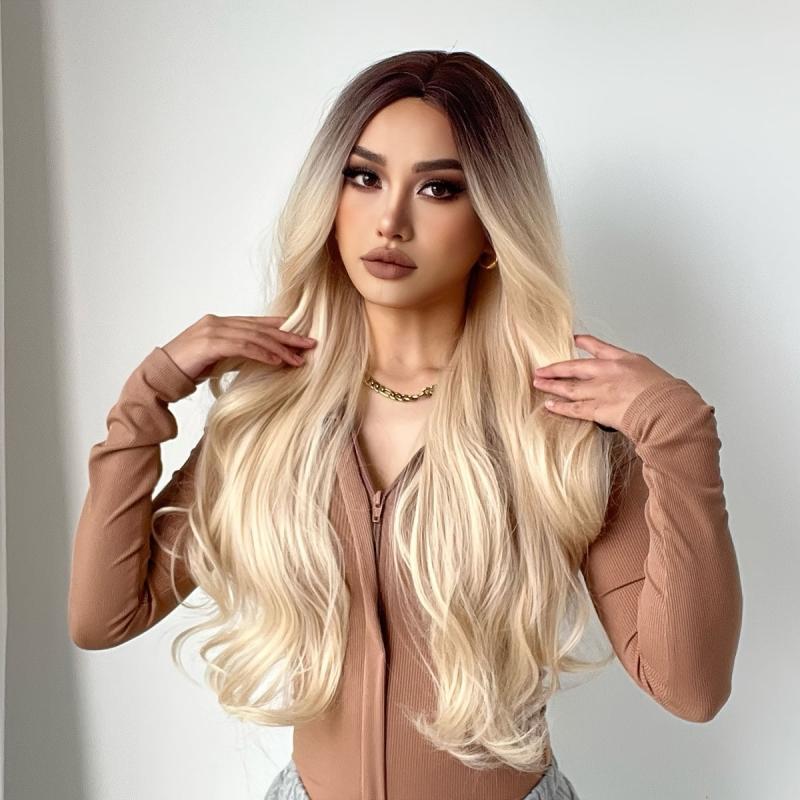 Blonde Wig Dark Roots Synthetic Straight Glueless Wig For Women