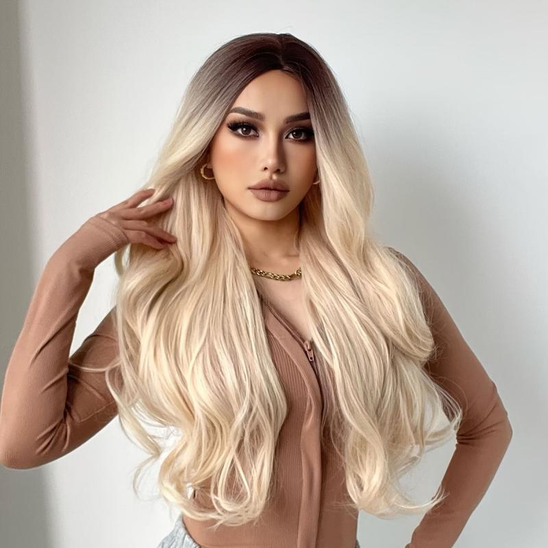 Blonde Wig Dark Roots Synthetic Straight Glueless Wig For Women