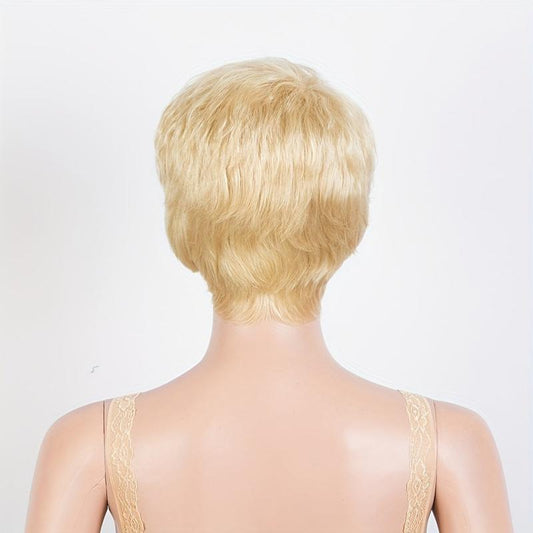 180D Blonde Pixie Short Cut Human Hair Wig With Bangs