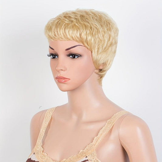 180D Blonde Pixie Short Cut Human Hair Wig With Bangs