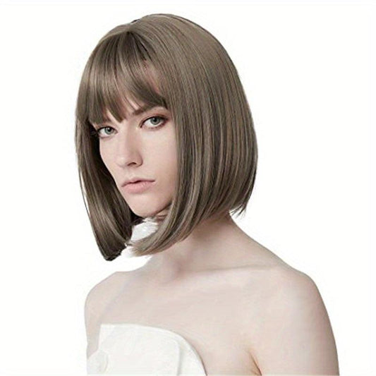 Short Bob Wig With Bangs Synthetic Hair 27.94 cm Brown with Auburn Highlights