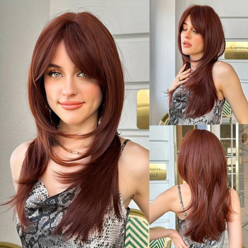 Long Straight Layered Wig with Bangs Middle Parting Brown Hair