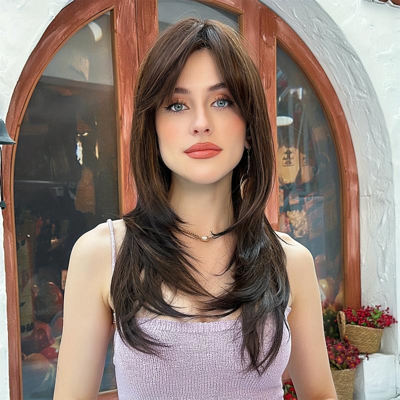 Long Straight Layered Wig with Bangs Middle Parting Brown Hair