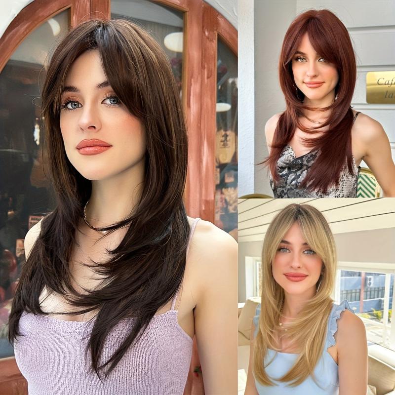 Long Straight Layered Wig with Bangs Middle Parting Brown Hair