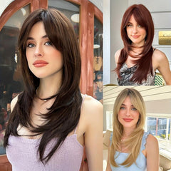Long Straight Layered Wig with Bangs Middle Parting Brown Hair