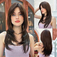 Long Straight Layered Wig with Bangs Middle Parting Brown Hair