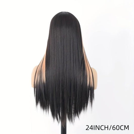 Orange Long Straight Wig With Bangs Highlights Wig For Girls Split Costume