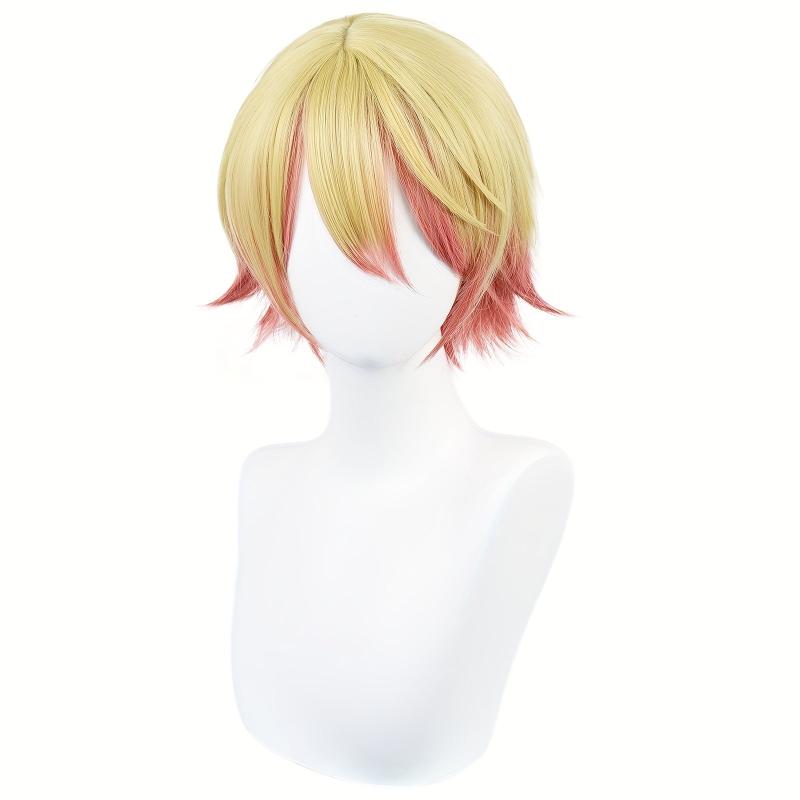 Pink Ombre Yellow Straight Cosplay Wig with Bangs for Men + Wig Cap