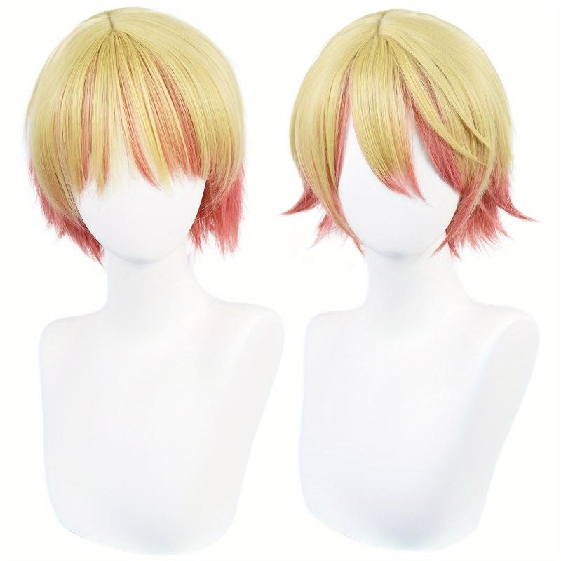 Pink Ombre Yellow Straight Cosplay Wig with Bangs for Men + Wig Cap