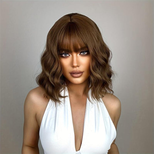 Brown 35 56 Cm Bob Curly Wavy Hair Wigs With Bangs For Women Synthetic Fiber