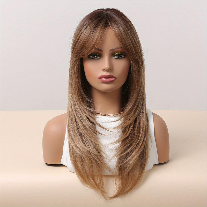Brownish Blonde 60 96 Cm Long Straight Layered Wigs With Bangs