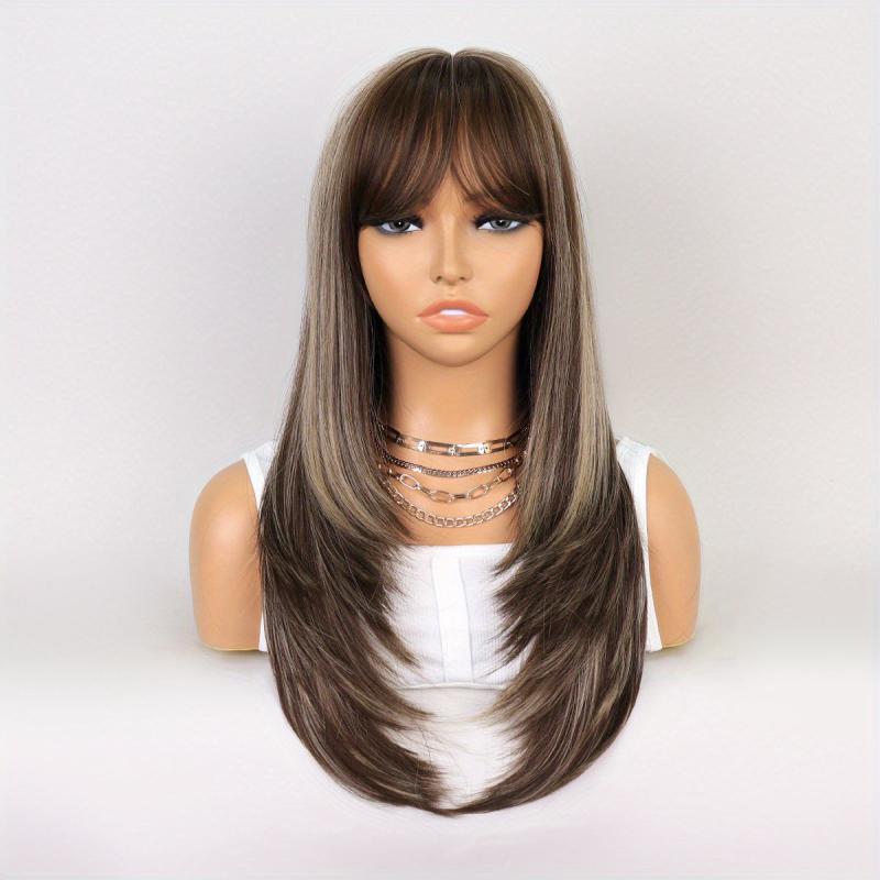 60 96 cm Long Straight Wig With Bangs Natural Brown Red Dress Up Wig