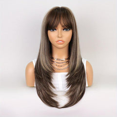 60 96 cm Long Straight Wig With Bangs Natural Brown Red Dress Up Wig