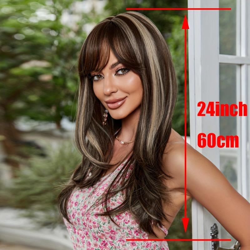 60 96 cm Long Straight Wig With Bangs Natural Brown Red Dress Up Wig