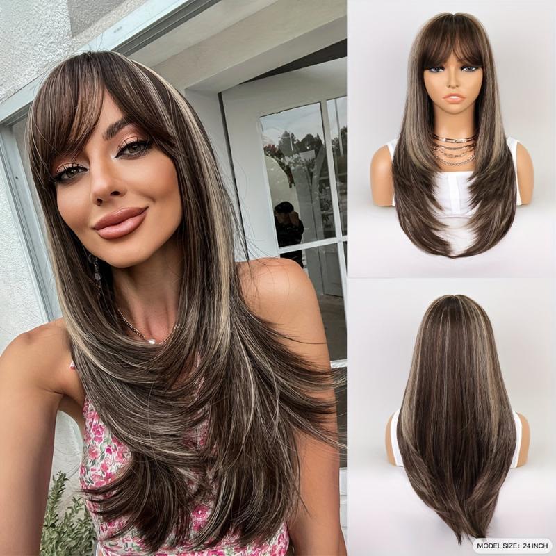 60 96 cm Long Straight Wig With Bangs Natural Brown Red Dress Up Wig