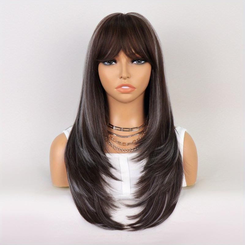 60 96 cm Long Straight Wig With Bangs Natural Brown Red Dress Up Wig