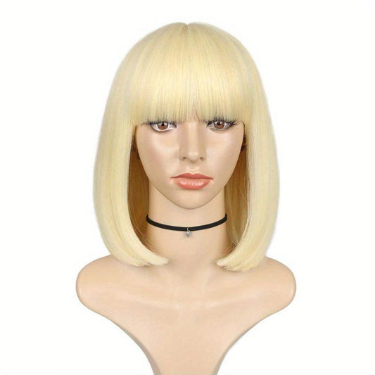 Short Bob Straight Hair Wigs Blonde with Bangs Natural Look