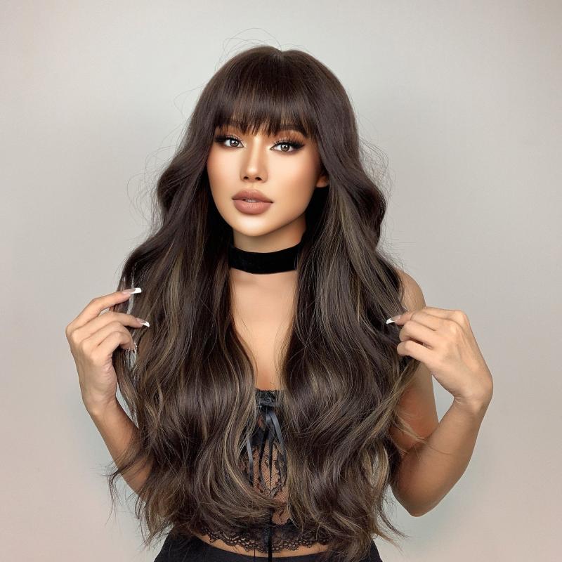 28 Inch Long Brown Gradient Curly Hair With Bangs Synthetic Wig
