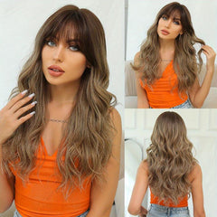 28 Inch Long Brown Gradient Curly Hair With Bangs Synthetic Wig