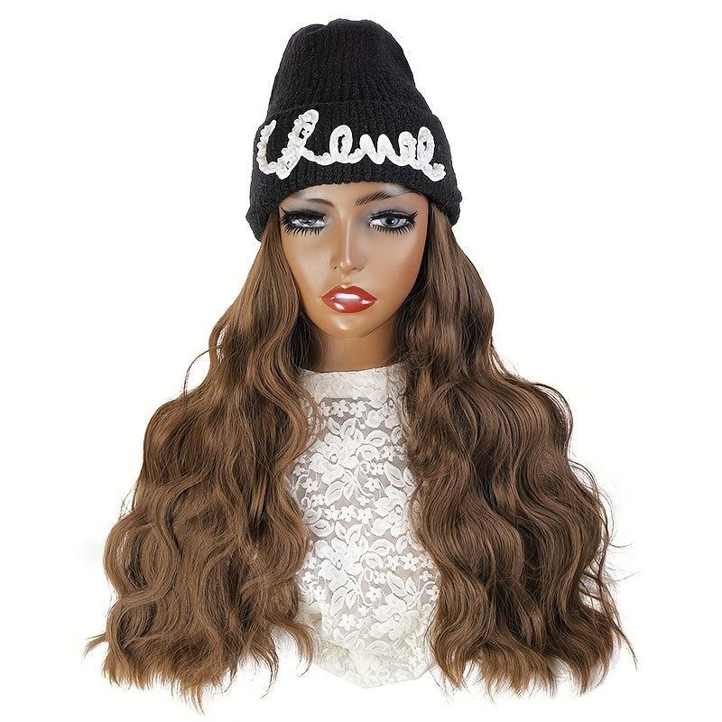 Knitted Beanie Wig Ladies Hat Wig With Long Wavy Hair Straight Hair