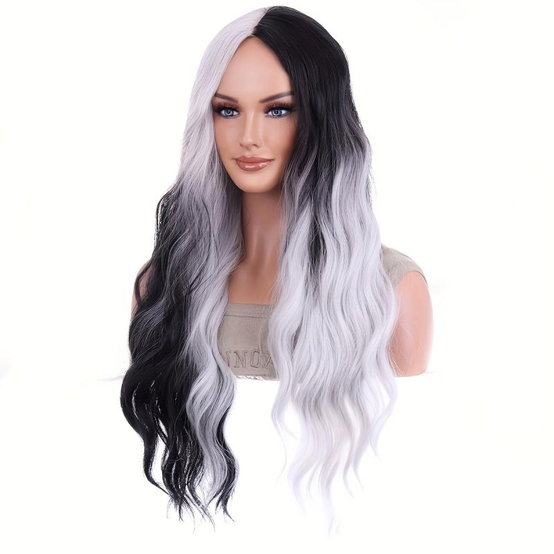 Long Curly Synthetic Wig Halloween Cosplay Party Two Tone Wig Gemini Hair Wig