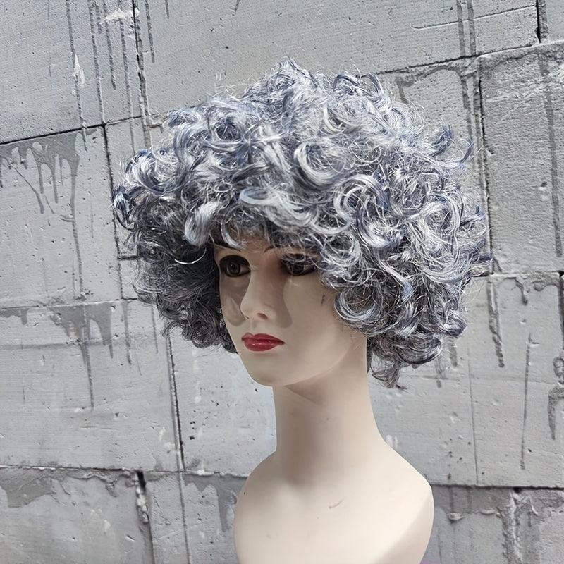 Grey Short Afro Curly Wig With Bangs - Cosplay Halloween Party