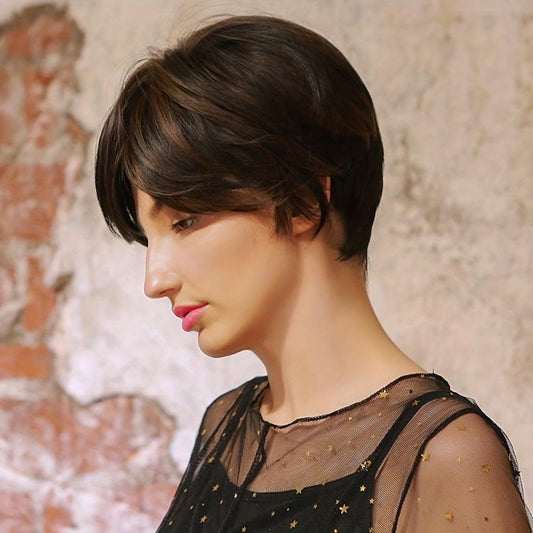 Short Brown Pixie Cut Wig Straight Hair Synthetic Fiber Daily Party Wear