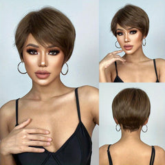 Short Brown Pixie Cut Wig Straight Hair Synthetic Fiber Daily Party Wear