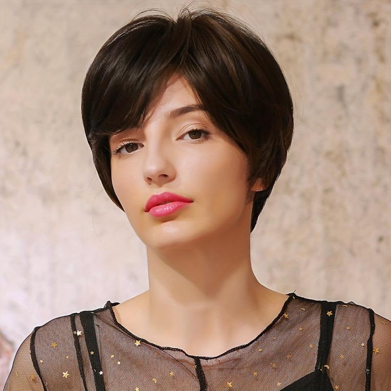 Short Brown Pixie Cut Wig Straight Hair Synthetic Fiber Daily Party Wear