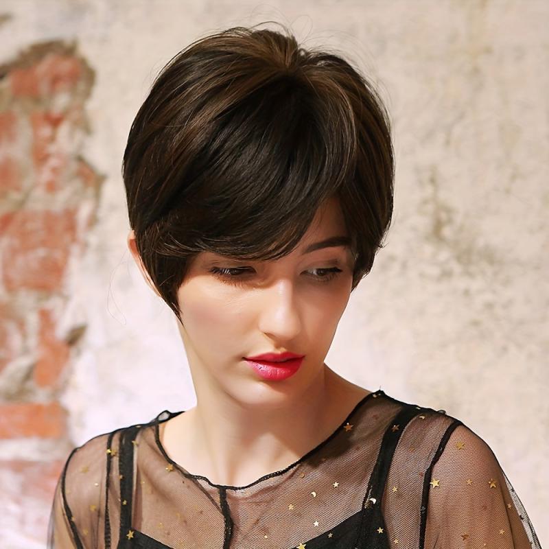 Short Brown Pixie Cut Wig Straight Hair Synthetic Fiber Daily Party Wear