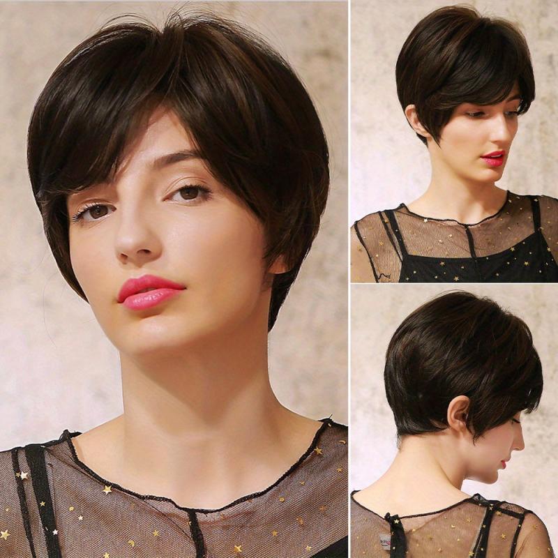 Short Brown Pixie Cut Wig Straight Hair Synthetic Fiber Daily Party Wear