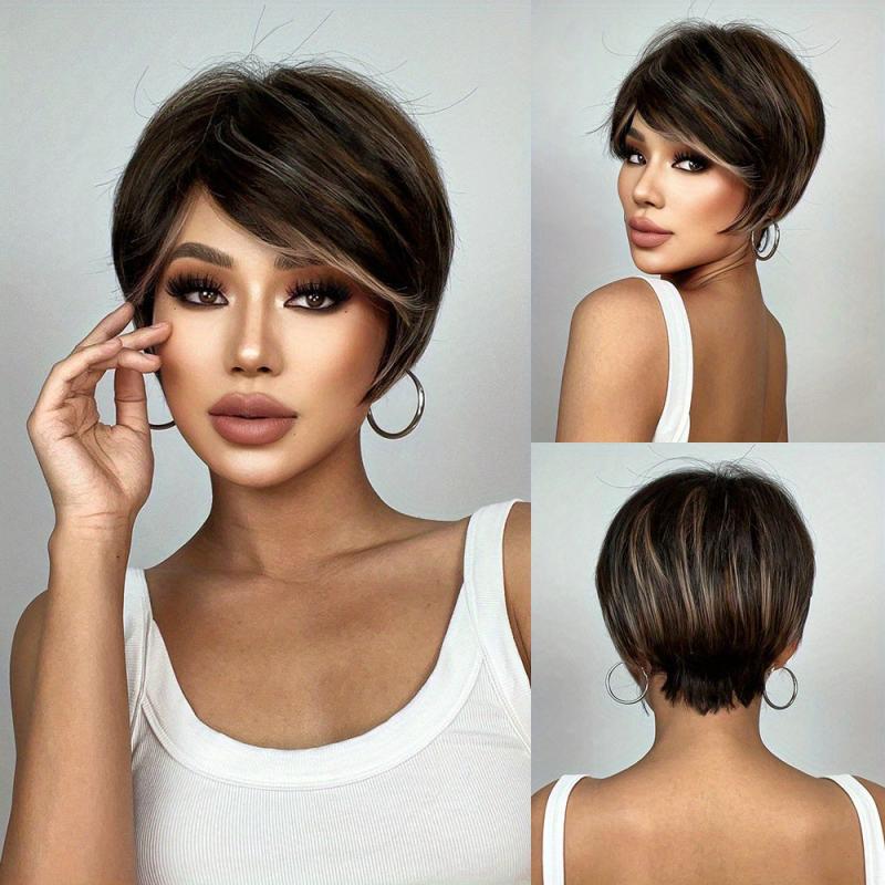 Short Pixie Cut Straight Layered Wigs With Bangs for Women