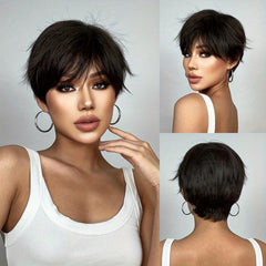 Short Pixie Cut Straight Layered Wigs With Bangs for Women