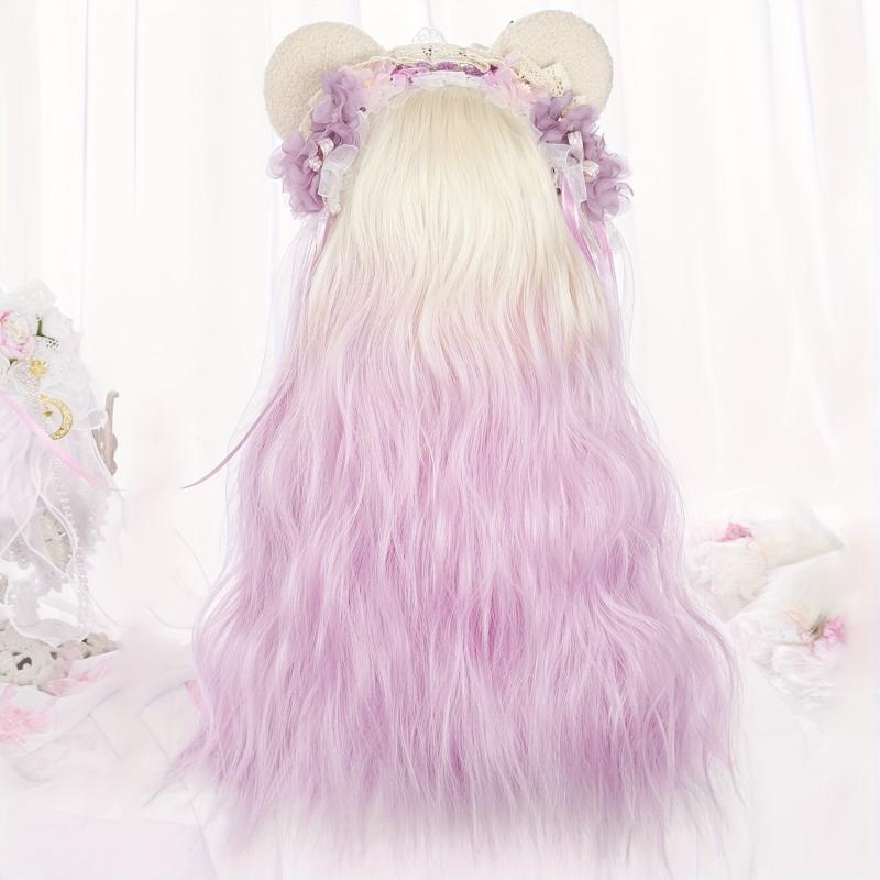 Ombre Golden Pink Wig Long Wavy Synthetic Wig Anime Cosplay Halloween Party