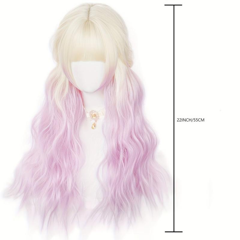 Ombre Golden Pink Wig Long Wavy Synthetic Wig Anime Cosplay Halloween Party