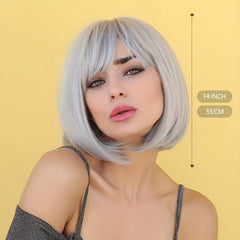 32cm Medium Long Bob Silvery Wigs with Bangs