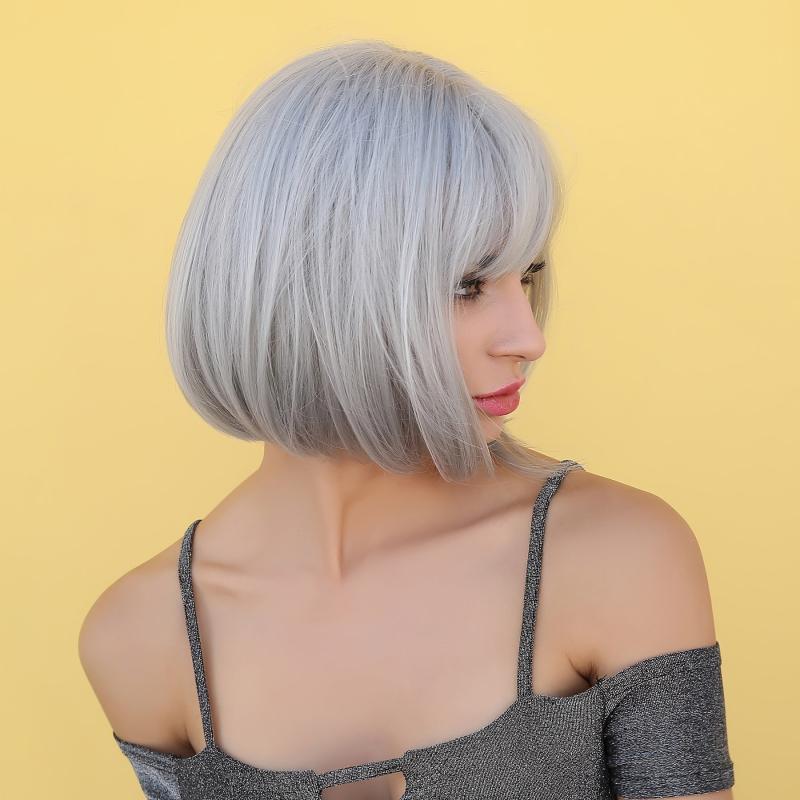 32cm Medium Long Bob Silvery Wigs with Bangs