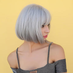 32cm Medium Long Bob Silvery Wigs with Bangs